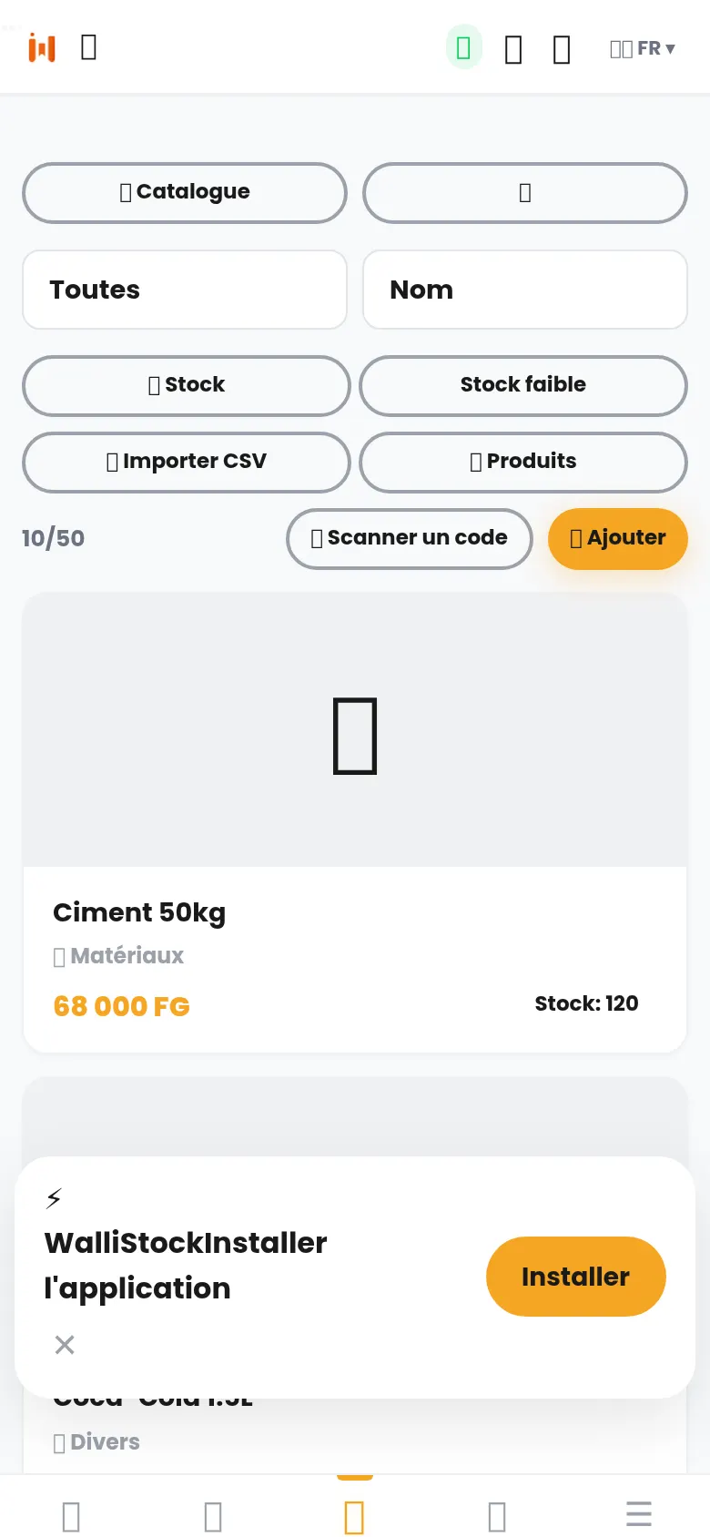 Liste des produits avec prix et stock